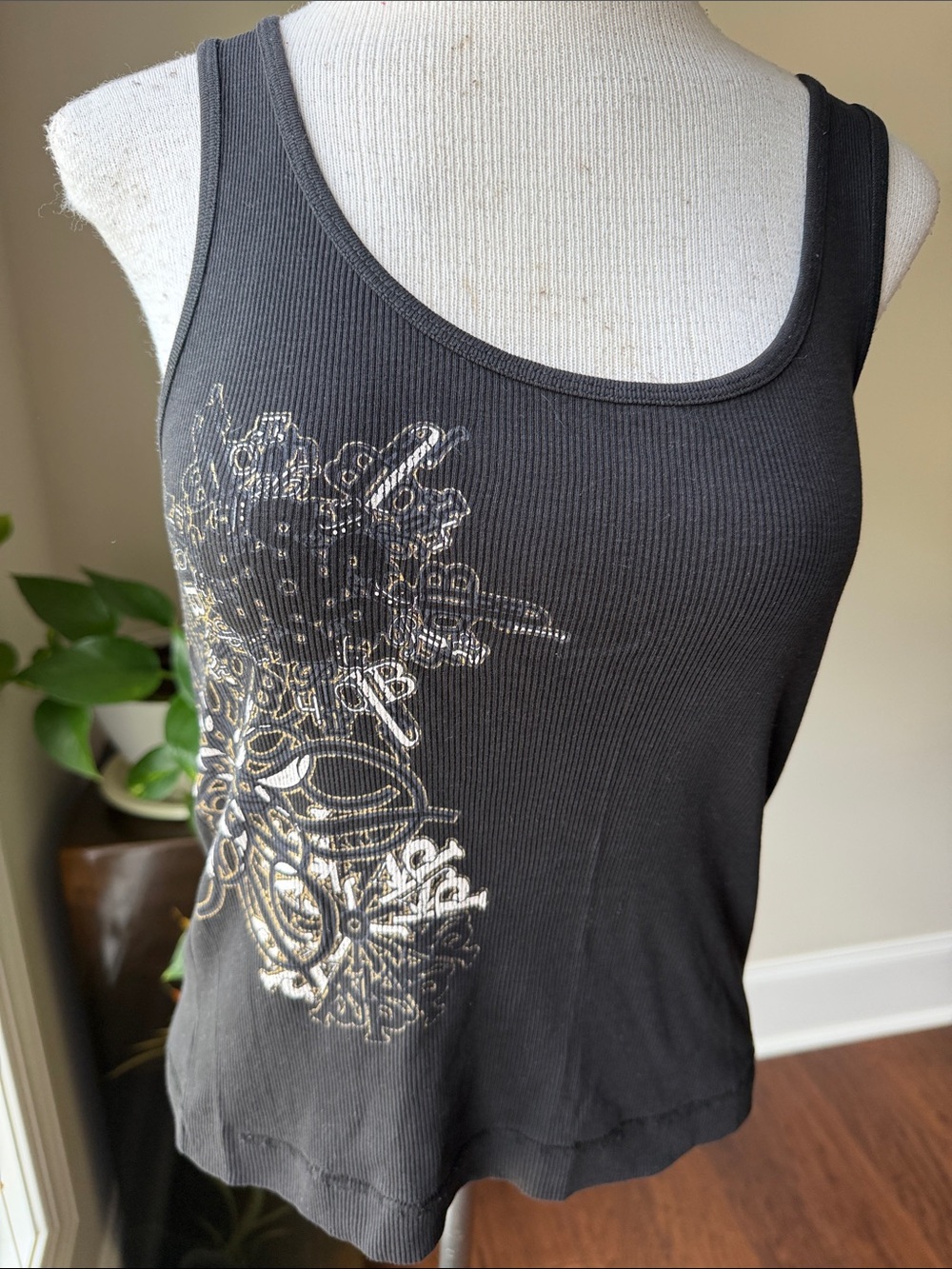Black Ribbed Tank Top with Gold Floral Mask Graphic